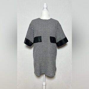 GRACIA Black and White Tweed Shift Mini Dress with Faux Leather Accents - size L